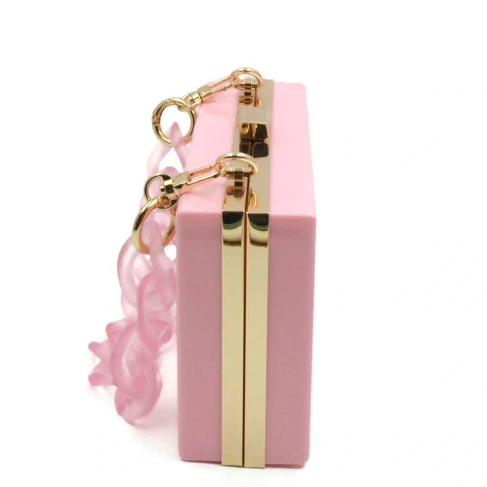 Pink Novelty Box Clutch with Acrylic Chain